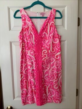 Lilly Pulitzer Hot Pink and White Sleeveless V-Neck Midi Dress